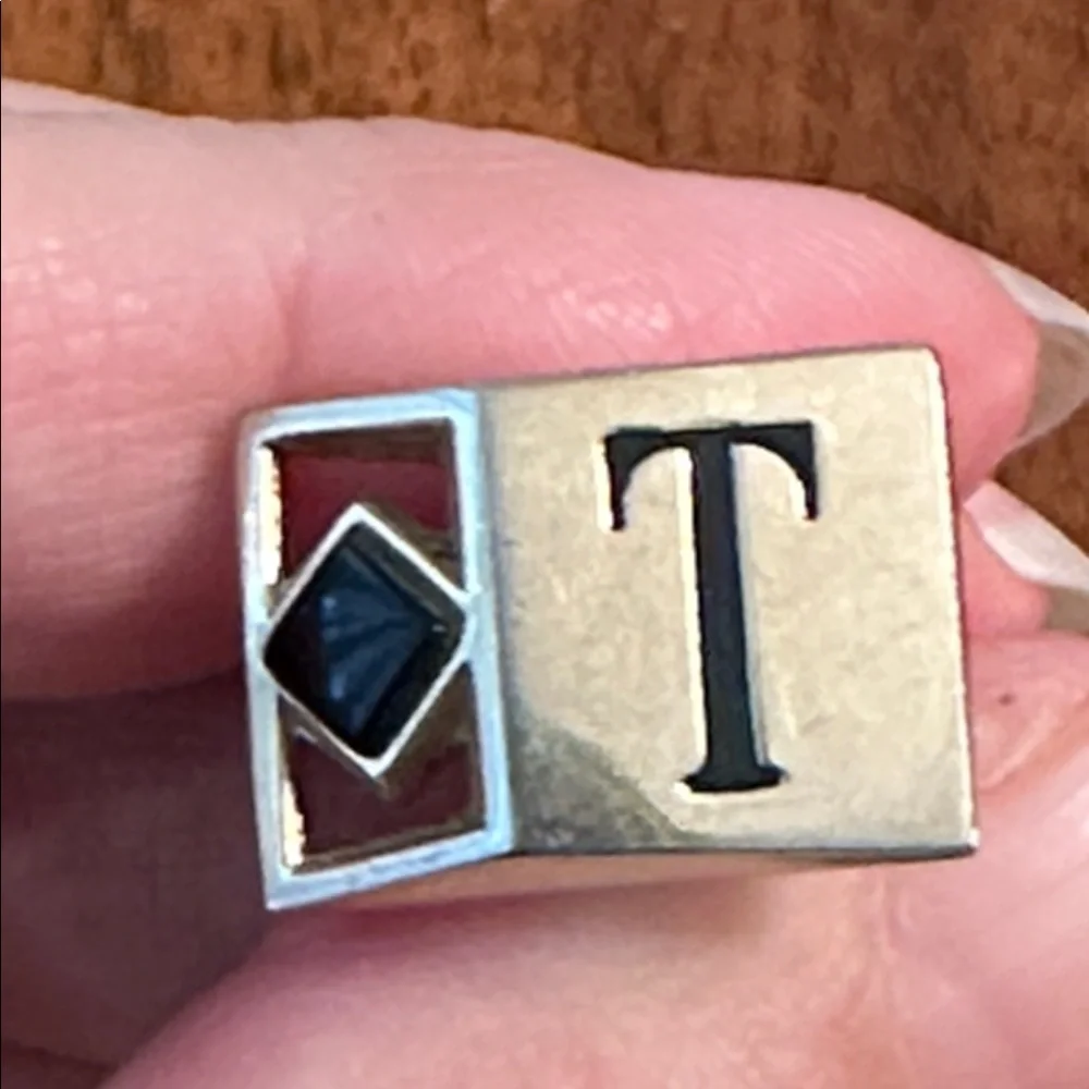Vintage Mid Century‎ Gold Tone & Black Diamond “T” Cufflinks